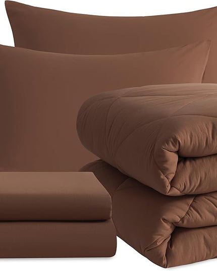 NTBAY Twin Comforter Set with Sheets, 5 Pieces Soft and Breathable Twin Bedding Set, Twin Bed in a Bag, Down Alternative Comforter Set Solid Color All Season, Kids Bedding Set, Brown