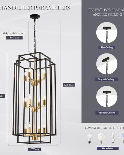 12-Light Lantern Tiered Pendant Light Fixtures, Black Metal Farmhouse Chandelier Hall Foyer Hanging Chandelier for Kitchen Island Dining Room Living Room Foyer Entryway, Black+Gold