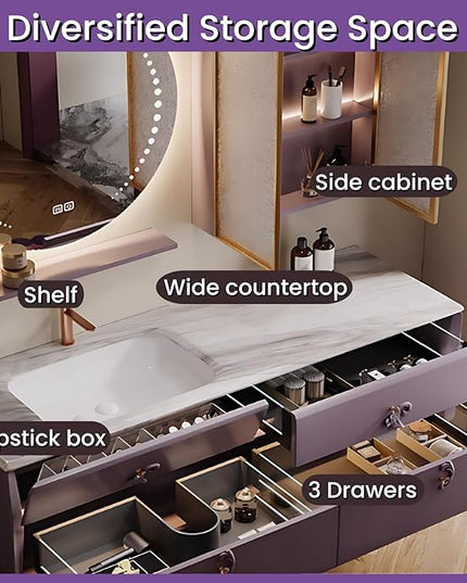 Bathroom Vanity with Sink - Including Defogging & Led Lights, Modern Bathroom Cabinet with 3 Drawers & Lipstick Box | Floating Bathroom Vanities Have Exquisite Handles (Mirrored Cabinet, 68'')