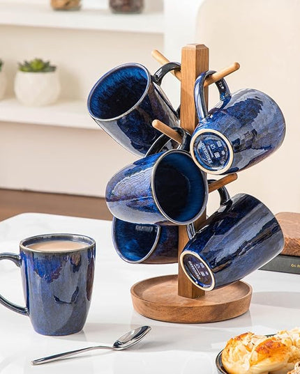 vancasso STARRY Ceramic Coffee Mug Set of 6, 12 Oz Tea Cups with Handle for Latte, Tea, Cappuccino, Milk, Cocoa, Microwave&Dishwasher Safe,Blue
