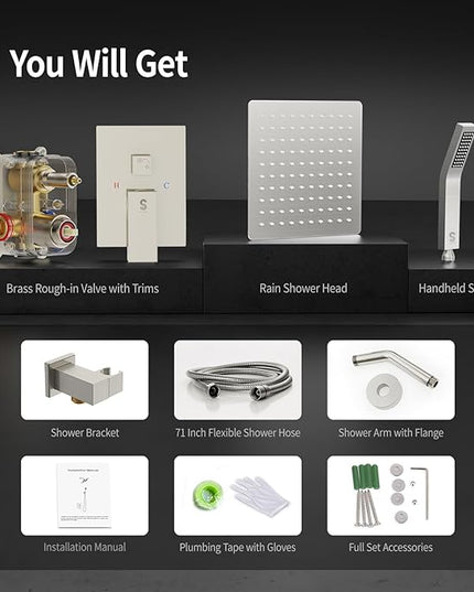 SR SUN RISE Shower Faucet Set - Shower Valve with 8 Inch Rainfall Shower Head and Handheld Shower - Wall Mounted Shower System with Rough In Valve and Shower Faucet Trim Repair Kits - Brushed Nickel