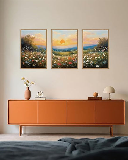 HOURIA Watercolor Sunset Floral Meadow Landscape Framed Canvas Wall Art Set,Boho Vibrant Colorful Wildflower Decor,Modern Nature Inspired Scenery Artwork for Living Room,Bedroom,Farmhouse-16 x24 x3