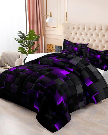 Geometric Violet Black Comforter Set,Light Honeycomb 3 Piece Bedding Set Twin Size for Teen Boys,Modern Bedding Quilt Set Geometry Decor,Microfiber Lightweight 1 Comforter 2 Pillowcases All Season