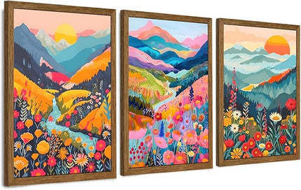 InspiredHues Colorful Mountain Boho Canvas Wall Art Set, 3 Piece Watercolor Flower Picture Wall Decor, Abstract Nature Landscape Artwork Prints for Living Room Bedroom Office 16x24 In Wood Framed