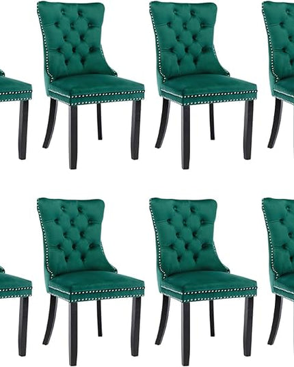 SoarFlash Velvet Dining Chair Set of 8, Upholstered Tufted Dining Room Chair with Nailhead Trim and Solid Wood Leg for Kitchen (Green)