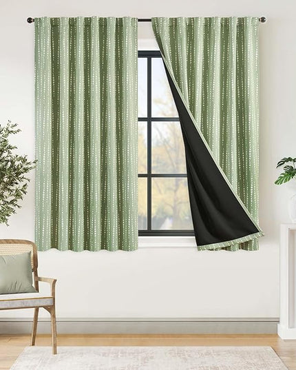 jinchan 95% Blackout Bohemian Moon Phase Print Bedroom Curtains 63 inch Length sage Green Pole Mouth Rear Label Heat Insulated Curtains for Nursery Curtain Set 2 Panels
