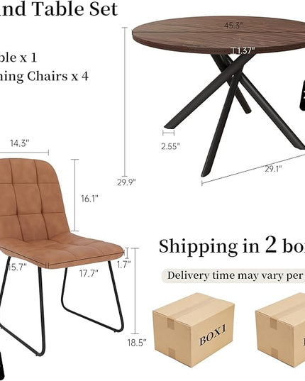45.3 Inch Round Dining Table Set for 4, Mid Century Modern Small Coffee Set for Dining Room Kitchen Apartment (Dark Walnut Table + 4 U-Shaped Brown Chairs)