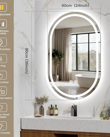 Oval LED Bathroom Vanity Mirror, 36x24 inch Mirror with Light, Smart Anti-Fog Waterproof Mirror with Memory Function Dimmable Lighted Mirror