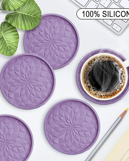 ME.FAN Silicone Coasters with Holder,[6 Pack] Drinking Coasters - Cup Mat for Hot or Cold Drinks, Thickened, Non-Slip, Non-stick,Deep Tray Light Purple