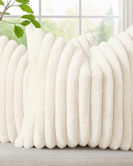 decorUhome Faux Fur Spring Throw Pillow Covers 16x16 Set of 2, Decorative Soft Plush Striped Neutral Couch Euro Pillow Covers with Velvet Back for Sofa, Bed, Living Room Home Decor, Cream White