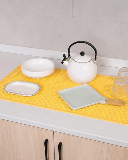 Silicone Dish Drying Mat for Multiple Usage,Easy clean,Eco-friendly,Heat-resistant Silicone Mat for Kitchen Counter or Sink,Refrigerator or Drawer Liner Yellow 4XL 32 inches x 18 inches