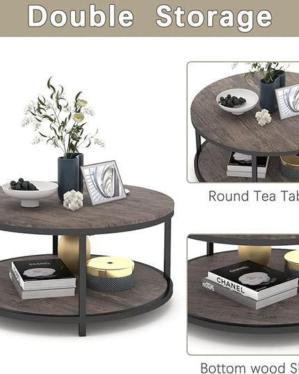 NSdirect Round Coffee Table,36" Coffee Table for Living Room,2-Tier Rustic Wood Desktop with Storage Shelf Modern Design Home Furniture(Light Walnut)