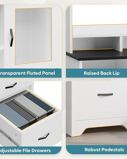 Bestier 77.8" H Executive Desk with Hutch, Modern Wood Computer Desk with Drawers, Charging Station, LED Light, Fluted Storage Cabinet, Keyboard Tray, 59" W Office Desk for Home Office, White