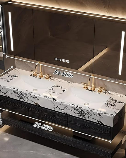 78IN Solid Wood Bathroom Cabinet, Bathroom Vanity with Double Sinks | One Click Defogging & 2 LED Light Strips, Tissue Hole, Bathroom Storage Cabinets with 3 Drawers (Black)