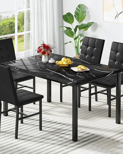 Hooseng Kitchen Table Set 5 Piece Dining Room Table Set Marble Dining Table 4 Chair Dining Table Set for Kitchen Living Room Breakfast Small Spaces (Black)