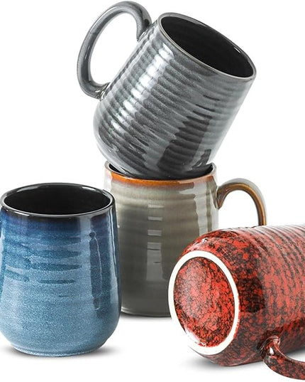 HASENSE Coffee Mugs Set of 4, 12 Oz Stoneware Coffee Cups with Large Handle, Colorful Rustic Mug Set for Coffee, Tea, Coco, Latte, Dishwasher and Microwave Safe