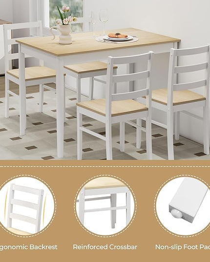 Tangkula Dining Table Set for 4, Solid Wood, Farmhouse Dinette Set w/Rubber Wood Legs, Compact Dining Table and Chairs Set for Kitchen, Dining Room (Natural+White)