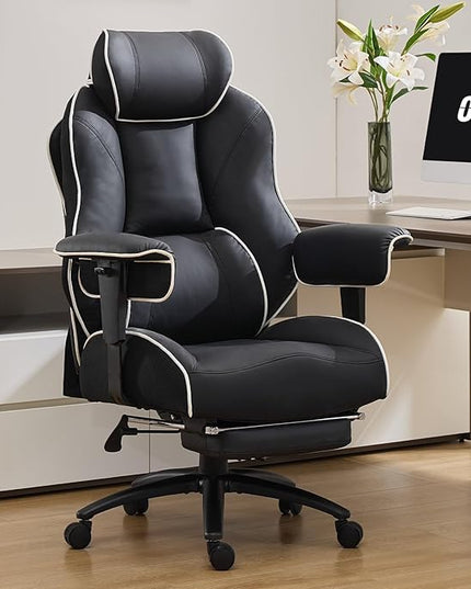 DJ·Wang Big and Tall Office Chair with Foot Rest, High Back Executive Office Chair PU Leather, Ergonomic Chairs with Lumbar Support, 135° Reclining Chairs with Thickened Spring Cushion Black