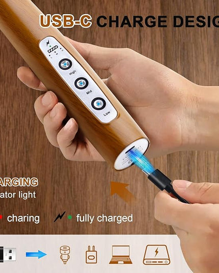 YUSWKO Wood Grain Handheld Milk Frother Wand with Stand for Coffee, Rechargeable Electric Whisk with 3 Heads 3 Speeds Drink Mixer Coffee Frother For Latte, Cappuccino, Hot Chocolate, Egg