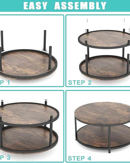 NSdirect 36 inches Round Coffee Table, Rustic Wooden Surface Top & Sturdy Metal Legs Industrial Sofa Table for Living Room Modern Design Home Furniture with Storage Open Shelf (Brown)