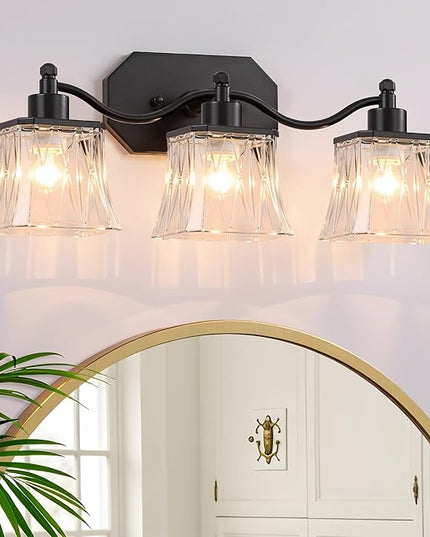 Bathroom Vanity Light Fixtures, 3-Light Vintage Matte Black Vanity Lights with Crystal Glass Shades, Farmhouse Bathroom Lighting Fixtures Over Mirror for Bathroom Bedroom Hallway
