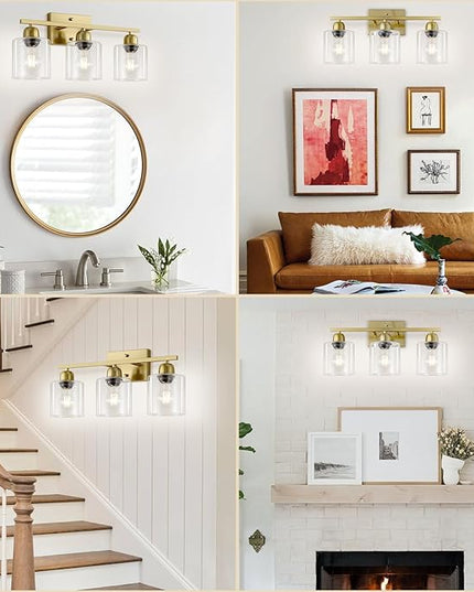 Modern Brushed Gold 3 Light Bathroom Light Fixtures, 19 inch Vanity Lights for Bathroom with Clear Glass, Bathroom Lighting Fixtures Over Mirror for Mirror Kitchen Living Room