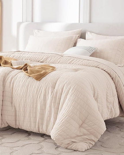MUXHOMO 7 Pieces Queen Comforter Set, Seersucker Bed in a Bag Queen Size, All Season Luxury Bedding Set with Comforter, Flat Sheet, Fitted Sheet, Pillowcases & Shams, Beige