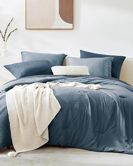 WRENSONGE King Size Comforter Set- 7 Pieces Soft Oxford Blue Bed in a Bag King with Fitted Sheet, Flat Sheet, 2 Pillow Shams, and 2 Pillowcases-Warm King Bedding Set for All Season