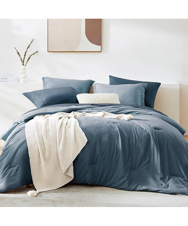 WRENSONGE King Size Comforter Set- 7 Pieces Soft Oxford Blue Bed in a Bag King with Fitted Sheet, Flat Sheet, 2 Pillow Shams, and 2 Pillowcases-Warm King Bedding Set for All Season