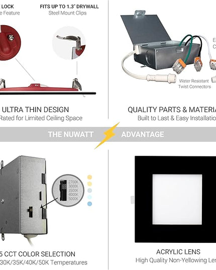 NUWATT 2 Hour Fire Rated Recessed Lighting 6 Inch, Square LED Lights, 5 CCT 2700K/3000K/3500K/4000K/5000K, 15W, Dimmable 1200LM, Black Recessed Lights, Wet & IC Rated, ETL, No Tenmat Needed, 6 Pack