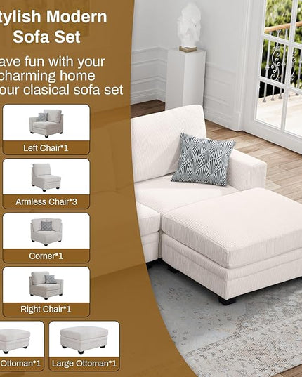 Legend Vansen Oversized Modular Sectional Sofa,8 Seat U Shaped Couch with Ottoman,Corduroy Sofa with Deep Seat,Convertible Large Sectional Couches for Living Room(Cream, U-8)