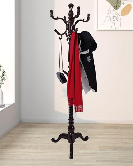 Coat Rack Freestanding with 18 Hooks, Wooden Standing Coat Racks for Entryway, Solid Wood Clothes Hanger Rack with Sturdy Round Base for Entryway, Hall, Bedroom, Office, Hallway (Triangular base)