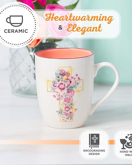 Christian Art Gifts Encouraging Ceramic Coffee & Tea Mug for Women: Rosy Pink Floral Cross, Microwave & Dishwasher Safe Cup, Cute Lead-free Inspirational Encouraging Novelty Drinkware, White, 12 oz.