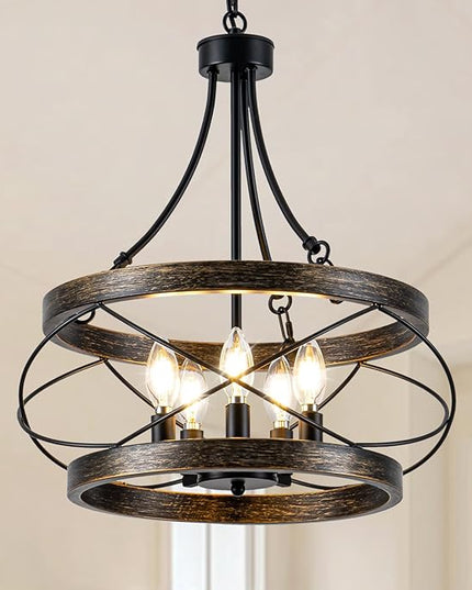 5-Light Farmhouse Chandelier, 17.72" Rustic Drum Dining Room Light Fixture, Bronze Chandeliers Hanging Pendant Lighting, Industrial Candle Chandeliers for Living Room Kitchen Entryway Bedroom