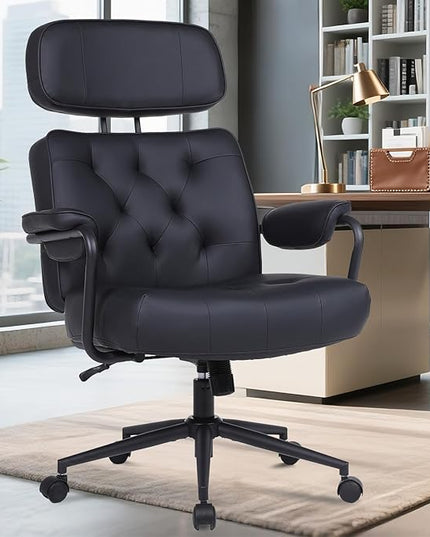 Big and Tall Office Chair 500LBS, Executive Office Chair for Heavy People, Heavy Duty Desk Chair Comfy, Computer Chair High Back PU Leather, Extra Wide Rocking Chair with Wheels for Home Office, Black