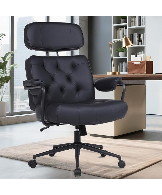 Big and Tall Office Chair 500LBS, Executive Office Chair for Heavy People, Heavy Duty Desk Chair Comfy, Computer Chair High Back PU Leather, Extra Wide Rocking Chair with Wheels for Home Office, Black