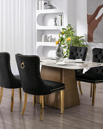 SoarFlash Velvet Dining Chair Set of 6, Upholstered Tufted Dining Room Chair with Nailhead Trim and Solid Gold Plated Leg for Kitchen (Black)
