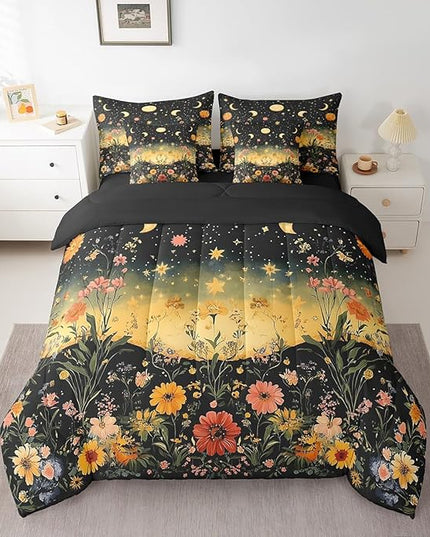 Feelyou 7 Piece Sun and Moon Bed in a Bag Twin Butterfly Moth Flower Sheet Set Rustic Garden for Boys Girls Kids Boho Moon Sun Star Bedding Comforter Boho Mandala Cushion Covers
