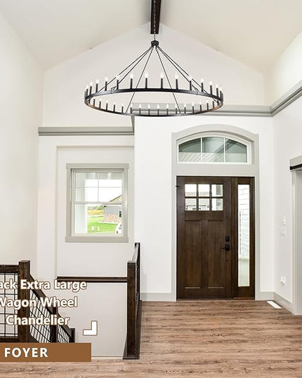 Black Extra Large Wagon Wheel Chandelier, 60 inch 36 Lights Farmhouse Chandelier, Industrial Candle Round Pendant Light Fixture for High Ceiling Living Room Dining Room Outdoor Porch Entryway Hallway