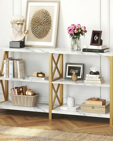 IBF Modern 3 Tier Entryway Table, Industrial Metal Wood TV Console Table with Storage Shelves, Farmhouse White Faux Marble and Gold Sofa Accent Table for Hallway Entry Way Foyer Living Room, 55 Inch