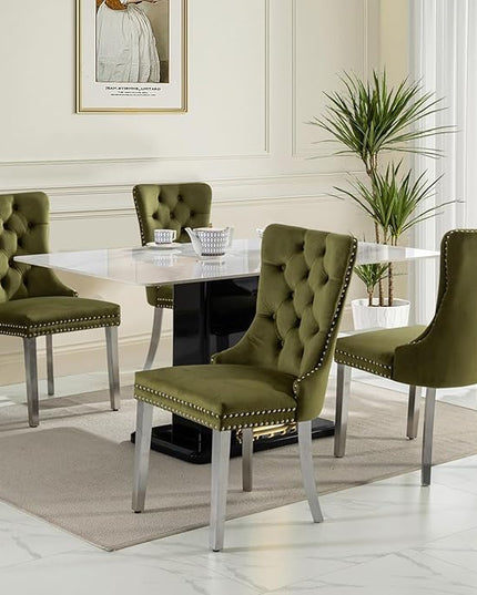 SoarFlash Velvet Dining Chairs Set of 4, Tall Back Side Chair, Modern Upholstered Side Chair with Button Back Ring, Silver Plated Stainless Steel Legs (Olive Green)