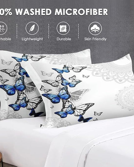 Twin Size Comforter Set with Pillowcase, Summer Spring Blue Butterfly 2 Pcs Bedding for Kids and Adults, Abstract Circular Mandala Floral Soft Comforter Set for Bedroom Bed Decor