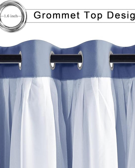 Hiasan Blackout Curtains with Sheer Overlay, Thermal Insulated Mix & Match Double Layer Room Darkening Window Curtains for Bedroom,Living Room,Nursery 2 Panels with Tiebacks (52W X 108L,Blue Haze)