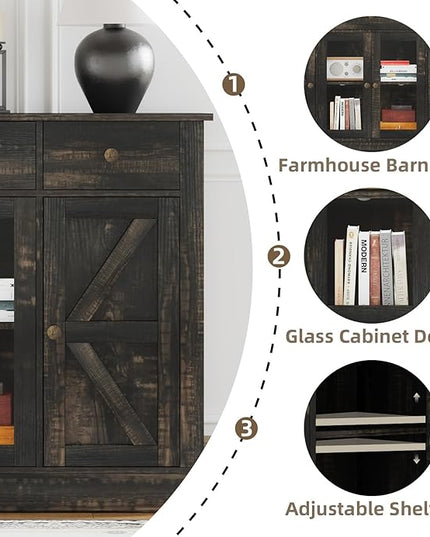 4 EVER WINNER 55" Coffee Bar with 4 Glass Doors and 3 Drawers, Sideboard Buffet Cabinet with Storage, Farmhouse Coffee Bar Cabinet with Adjustable Shelves for Kitchen, Dining Room, Rustic Oak