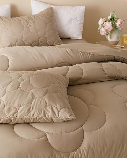 Luxlovery Cream Coffee Comforter Set Full Khaki Sunflower Bedding Comforter Mocha Coffee Bedding Comforter Set Floral Boho Farmhouse Quilted Soft Breathable Bedding Set Full Size