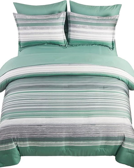 KAKIJUMN 7 Piece Bed in a Bag Stripe Comforter Set Full Size, White Grey Sage Green Patchwork Striped Comforter and Sheet Set, All Season Soft Microfiber Complete Bedding Set(Green,Full)