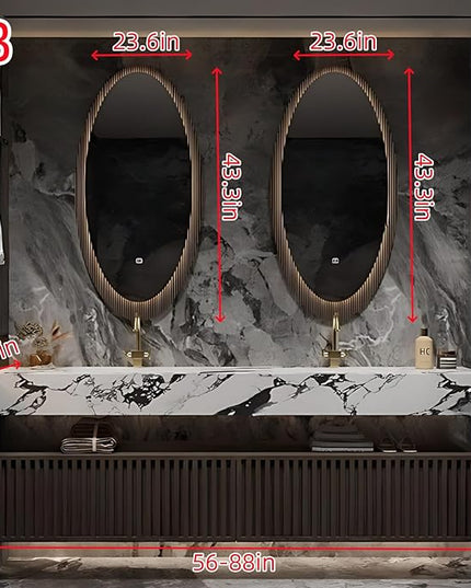 76IN Modern Double Basin Bathroom Vanity Set - Suspended Bathroom Vanity with Sinks includes Smart LED Defogging Mirror Cabinet & Time Display | 2 Drawers & Open Partitions, Wave Panel (Style B)