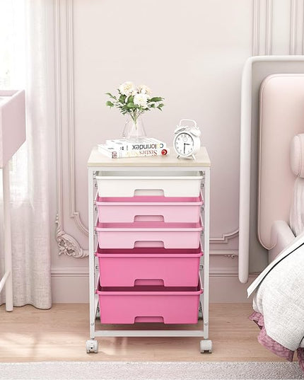 Utility Cart with 5 Drawers,Storage Drawer Cart with Wooden Tabletop and Lockable Wheels,Craft Storage Trolley Cart,5-Tier Rolling Utility Cart on Wheels,Rose Pink