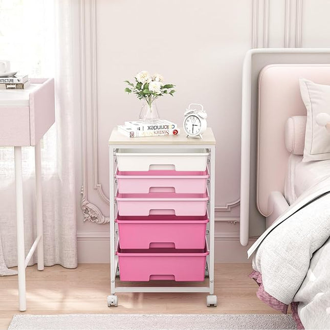 Utility Cart with 5 Drawers,Storage Drawer Cart with Wooden Tabletop and Lockable Wheels,Craft Storage Trolley Cart,5-Tier Rolling Utility Cart on Wheels,Rose Pink
