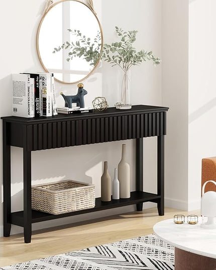 LAZZO Painted Wood Console Table Narrow Long Sofa Table Modern Behind Couch Table Fluted Entryway Table with 3 Drawers and Open Storage Shelf for Living Room, Foyer and Hallway Black (Black, 1 Tier)